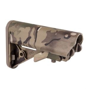 Camouflage rifle stock with adjustable features.
