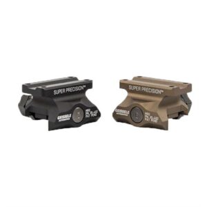 Black and tan rifle scope mounts, side view.