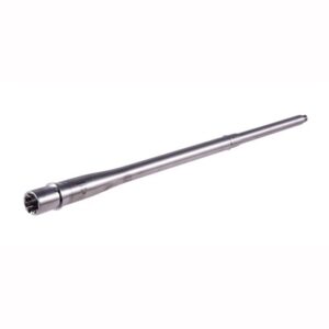 Stainless steel rifle barrel on white background.