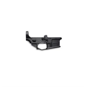 Black rifle lower receiver on white background.
