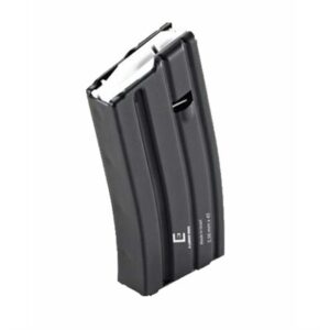 Black rifle magazine with bullets, angled view.