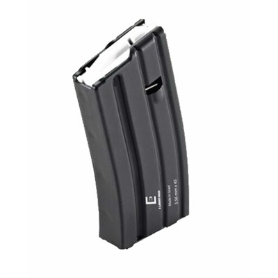 Black rifle magazine with bullets, angled view.