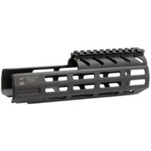 Black tactical rail handgun accessory, side view.