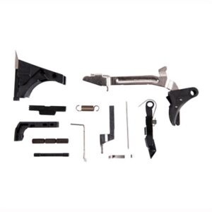 Disassembled firearm parts on a white background.