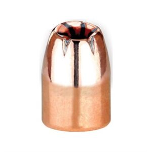 Copper hollow-point bullet isolated on white background.