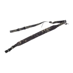 Camouflage-patterned adjustable rifle sling with buckles.