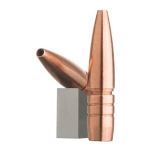 Copper rifle bullets on display stand