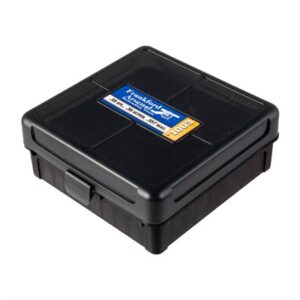 Black plastic storage case with label on top.