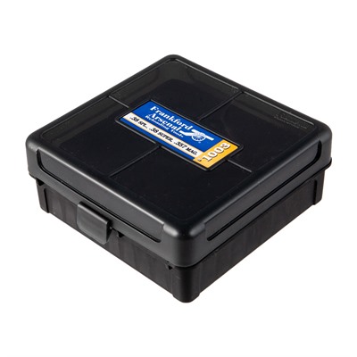 Black plastic storage case with label on top.