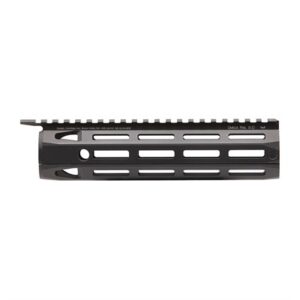 Black firearm rail with slots and specifications.