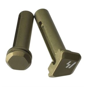 Two metal pins, bronze color, one with logo.