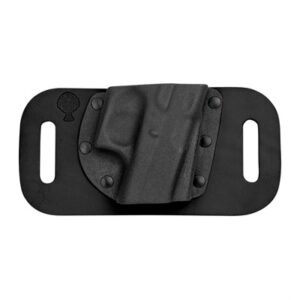 Black leather handgun holster flat on surface.