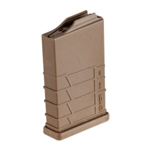 Brown polymer rifle magazine standing upright