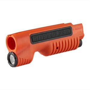 Orange flashlight with grip and black logo.