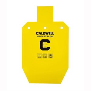 Yellow Caldwell AR500 shooting target with holes.