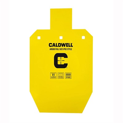 Yellow Caldwell AR500 shooting target with holes.