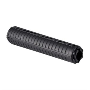 Black cylindrical rifle handguard, modular attachment accessory.