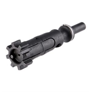 Rifle bolt carrier component on white background.