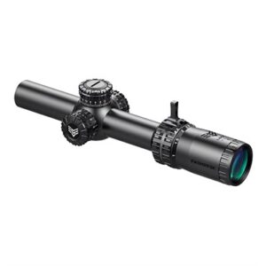 Tactical rifle scope with adjustment knobs.