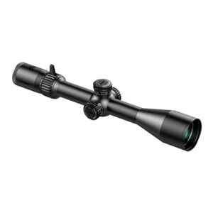 High-power rifle scope, black, with adjustment knobs.