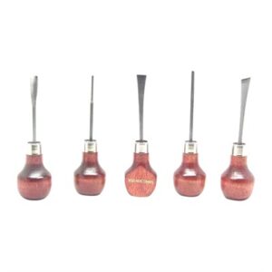 Five wood-handled leatherworking tools displayed upright.