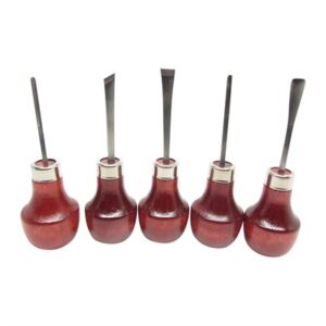 Five wood carving tools with wooden handles.
