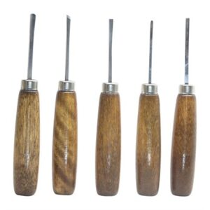 Five wooden handle chisels for carving wood.