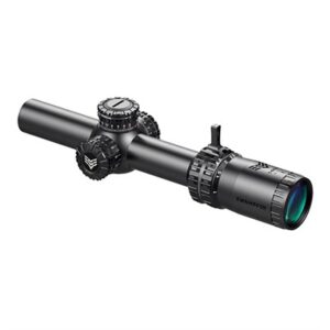 Black rifle scope with adjustment knobs.