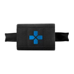 Black medical tourniquet with blue cross symbol.