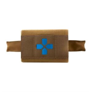 Tactical brown medical pouch with blue cross symbol.
