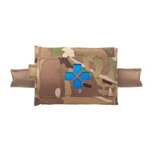 Camouflage medical pouch with blue cross emblem.