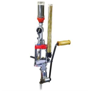 Ammunition reloading press with manual lever handle.