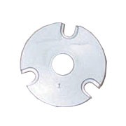 Round metal disc with central hole and notches.