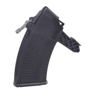 Black firearm magazine with attached loading tool.
