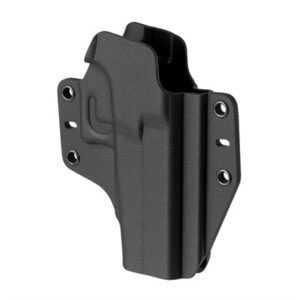 Black gun holster with multiple mounting holes.