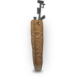 Tan rifle case with firearm inside, upright position.
