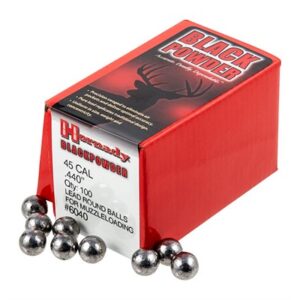 Box of .45 cal lead round balls for muzzleloading.