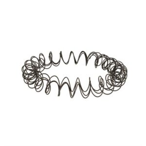 Circular black wire mesh wreath on white background.