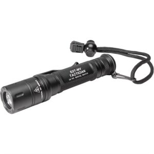 Black tactical flashlight with wrist strap