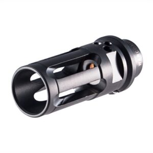 Black rifle muzzle brake on white background.