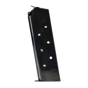 .45 ACP pistol magazine, steel with holes, standing upright.