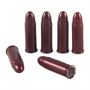 Five red dummy bullets on display.