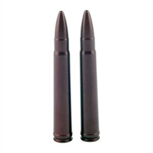 Two brown ammunition rounds on white background