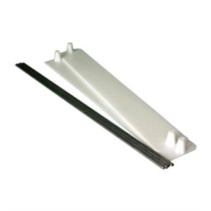 Plastic wedge with metal rods beside it.