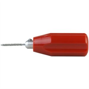 Red hand reamer tool with metal tip.