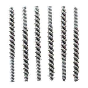 Six steel masonry drill bits, top view.