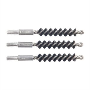 Three spiral gun cleaning brushes with metal stems.
