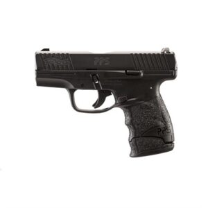 Black semi-automatic handgun, side view.
