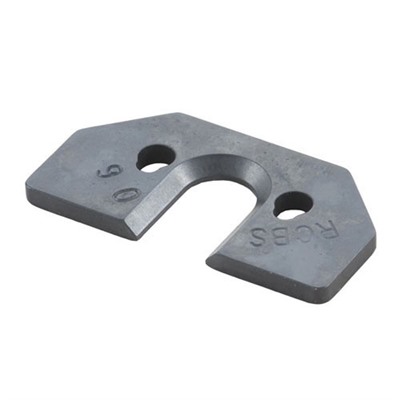Metal shim with two holes and U-shaped notch.