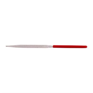 Red handle metal file tool for shaping materials.